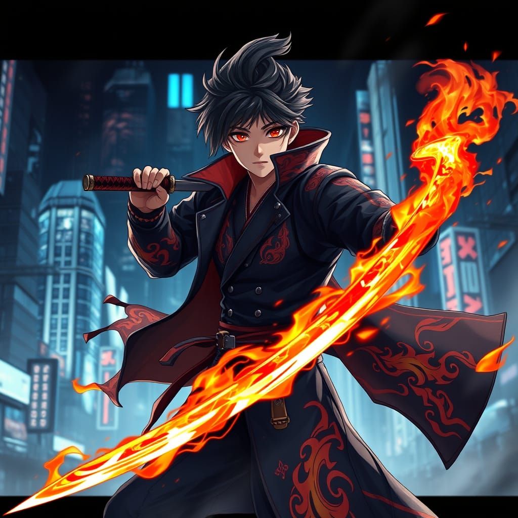Anime Warrior Azaan with Fire Powers in Tokyo