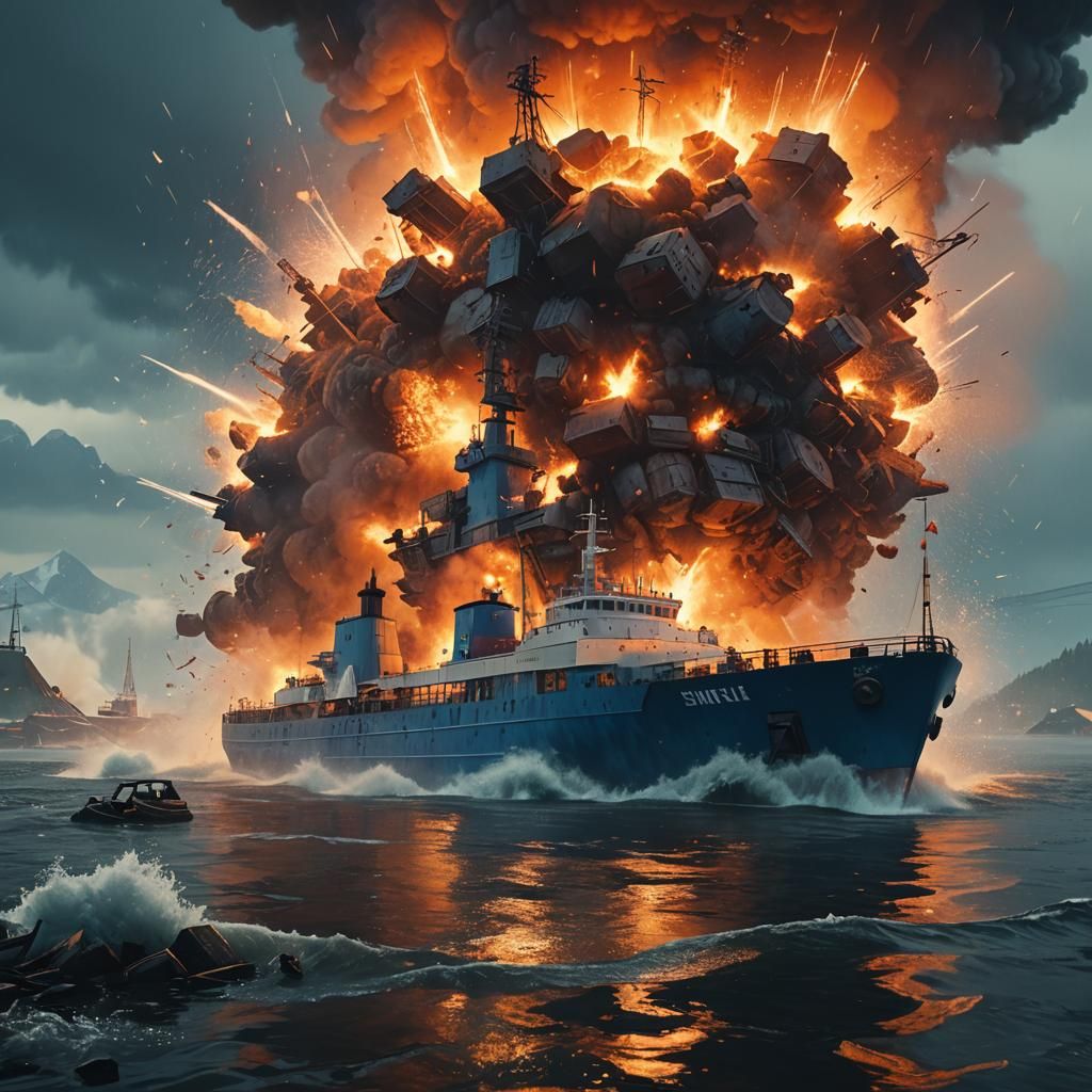 Ferry Explosion in Fantasy World: Cinematic Matte Painting