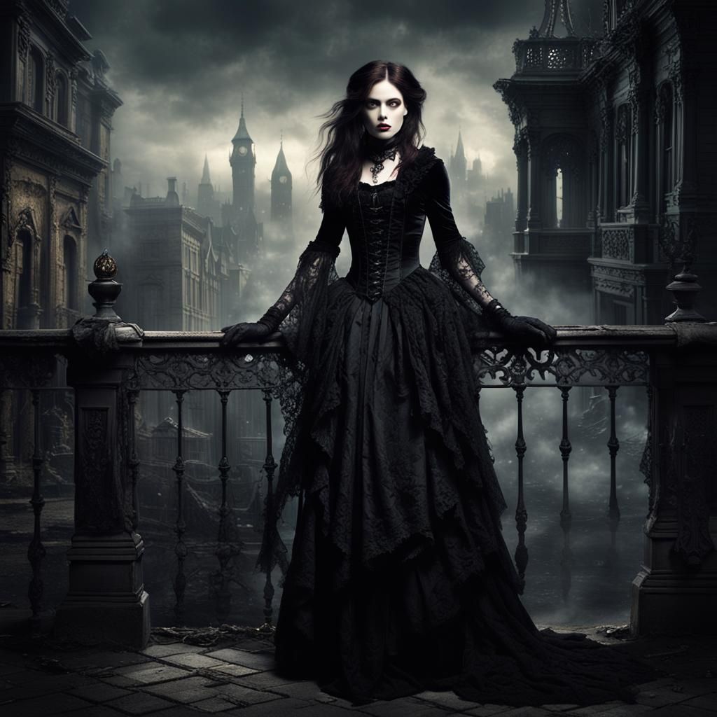 Brunette Vampire in Gothic Cityscape: Matte Painting