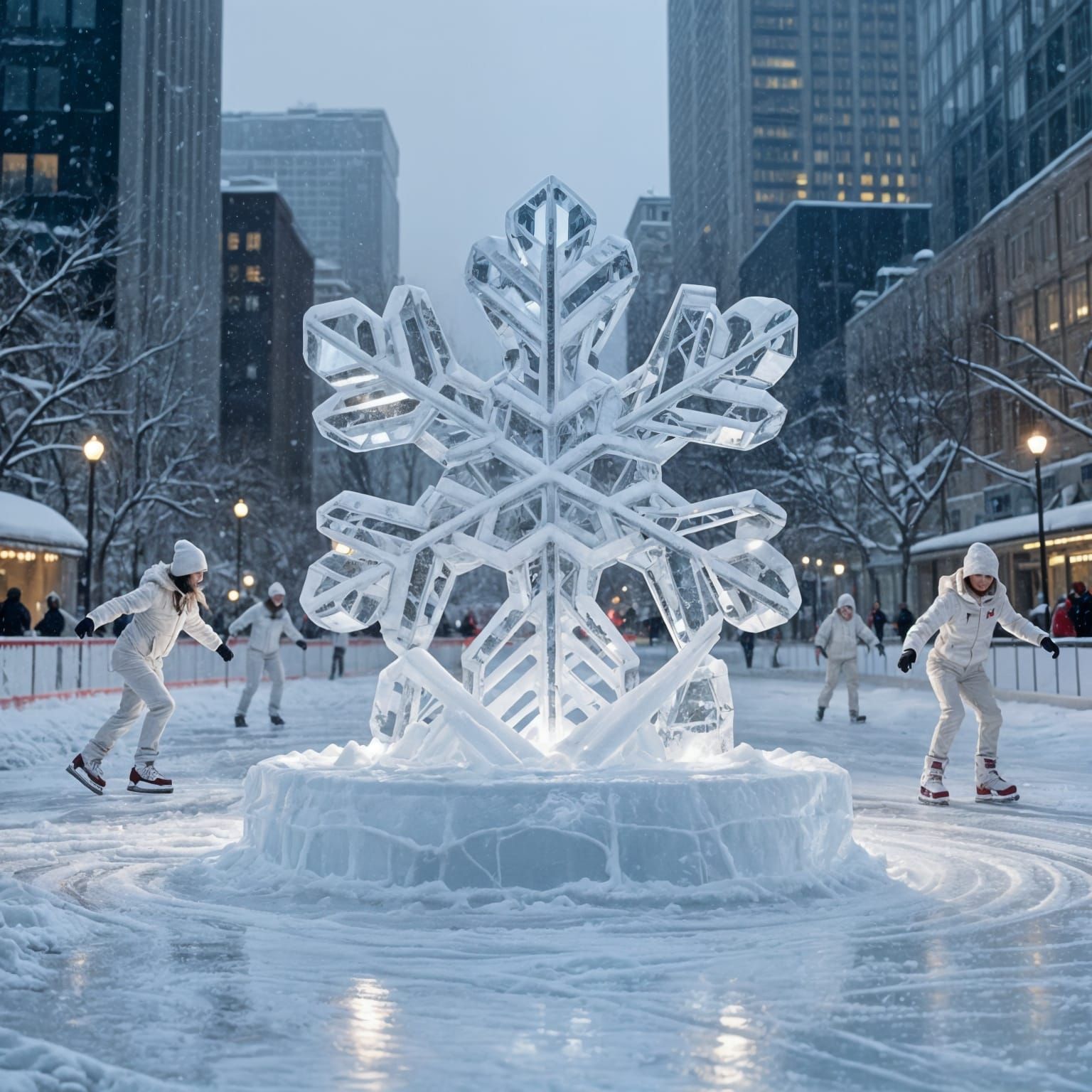 Winter City Ice Rink with Giant Snowflake Sculpture
