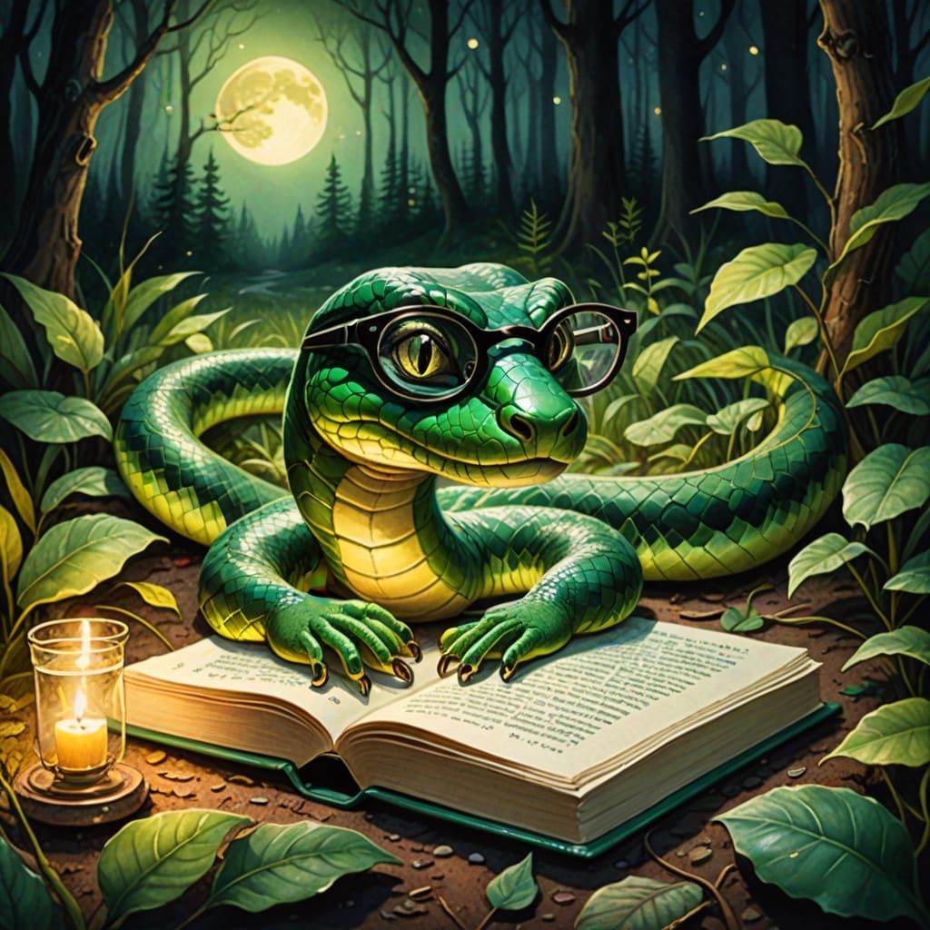 Green Snake Reads Book by Candlelight in Moonlit Forest