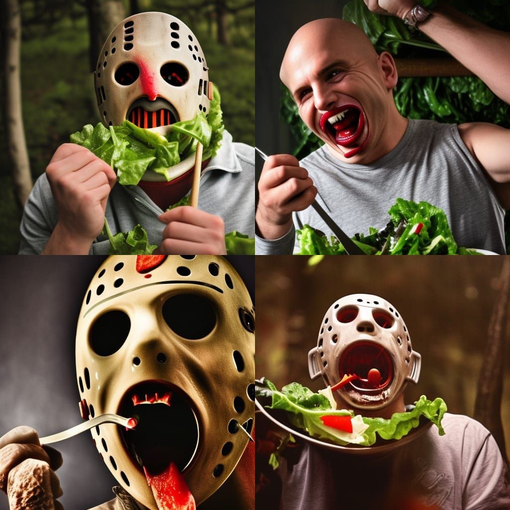 Hyperrealistic Jason Voorhees Laughing Eating Salad