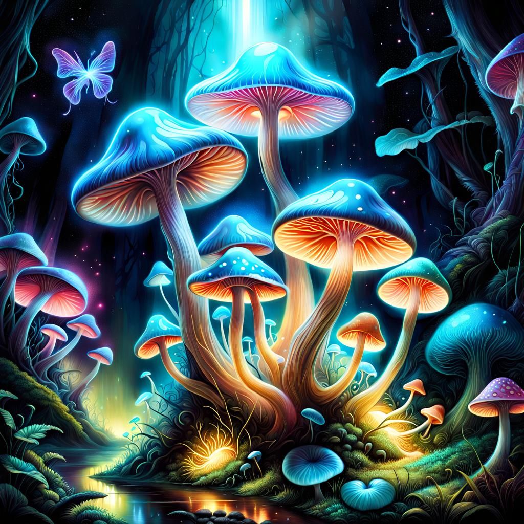 Bioluminescence Mushroom Emitting Radiant Light in a Dark Setting (Starlight XL)