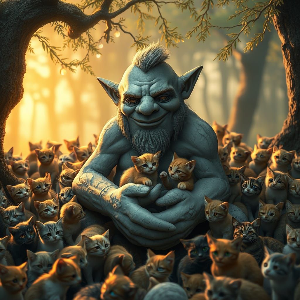 Stone Troll Guardian with Kittens, Fantasy Concept Art