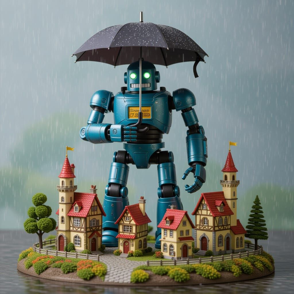 Giant Robot Shelters Fairytale Village From Rain