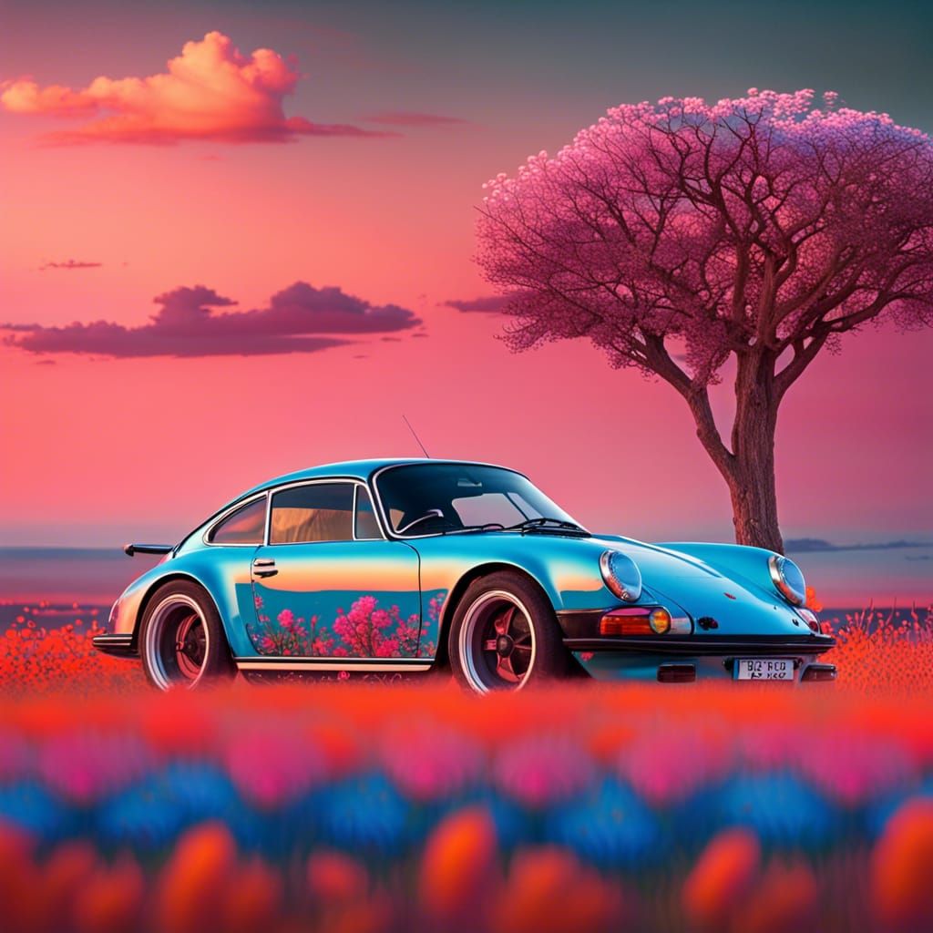 Hyperrealistic Flowery Plain Under Colorful Sky