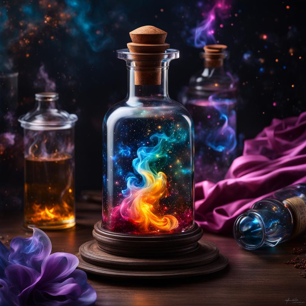Nebula Potion in Glass Bottle, Photorealistic Art