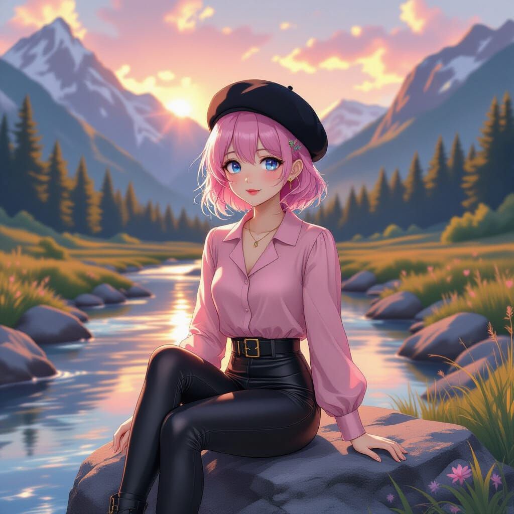 Crossdresser Boy by Mountain Stream in Cel-Shaded Style