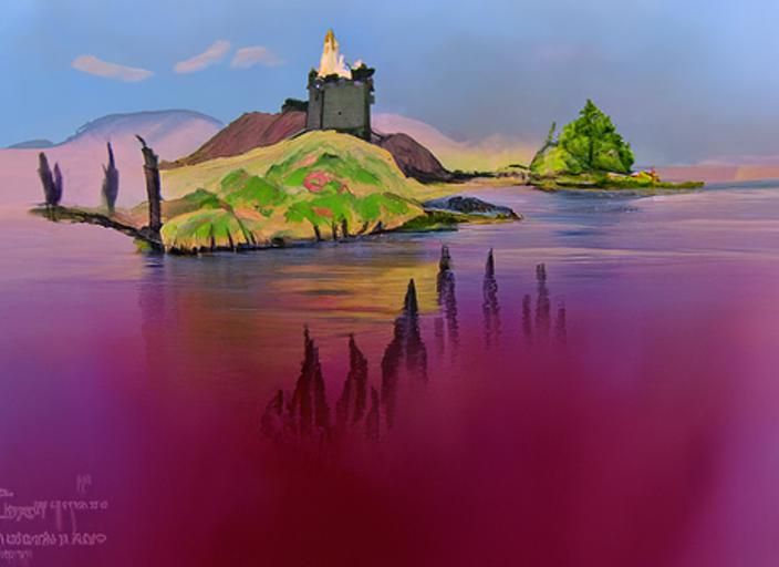 Cartoon Castle Stalker on Loch Laich in Gouache