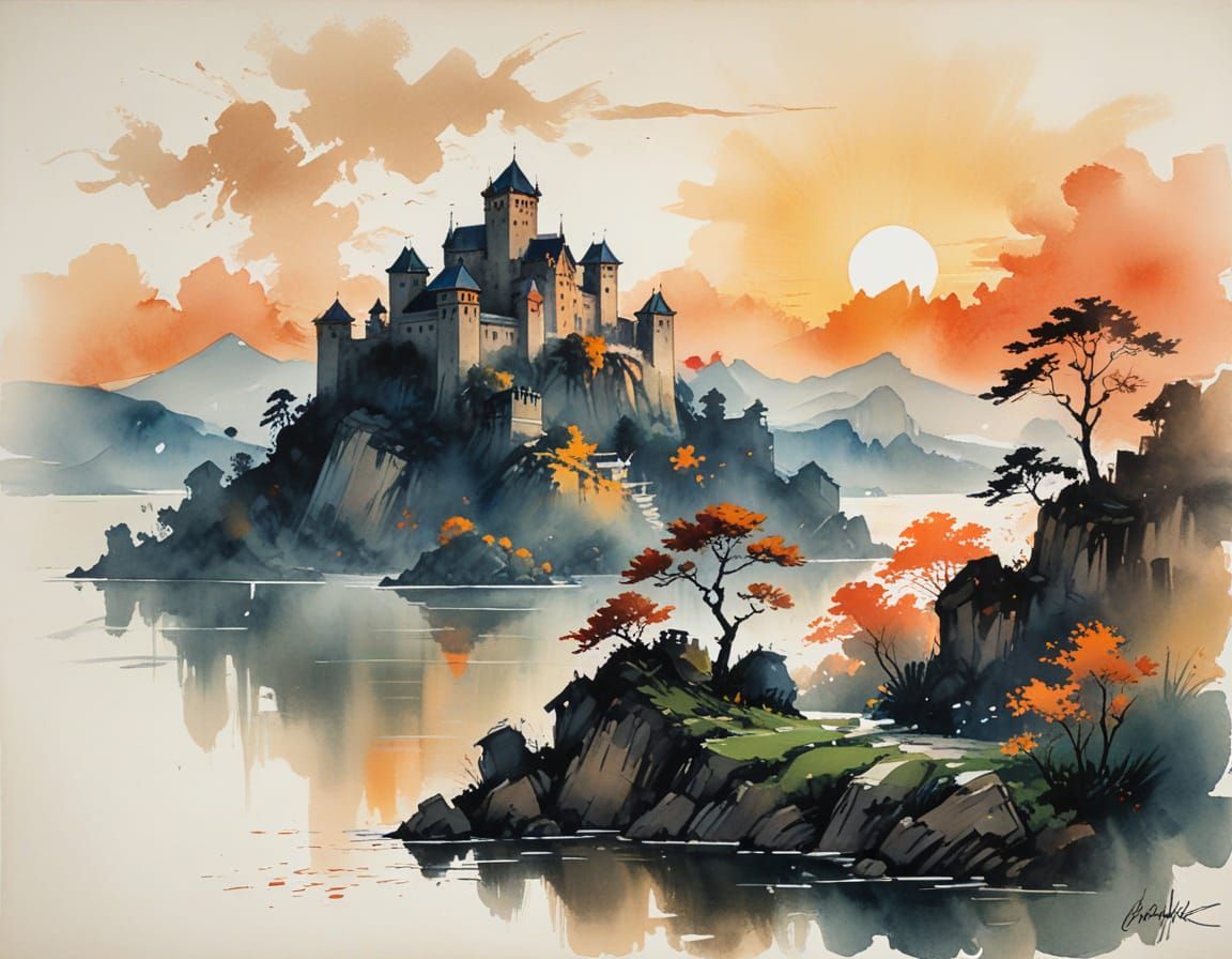 Majestic Castle Sunset in Ink Wash Style
