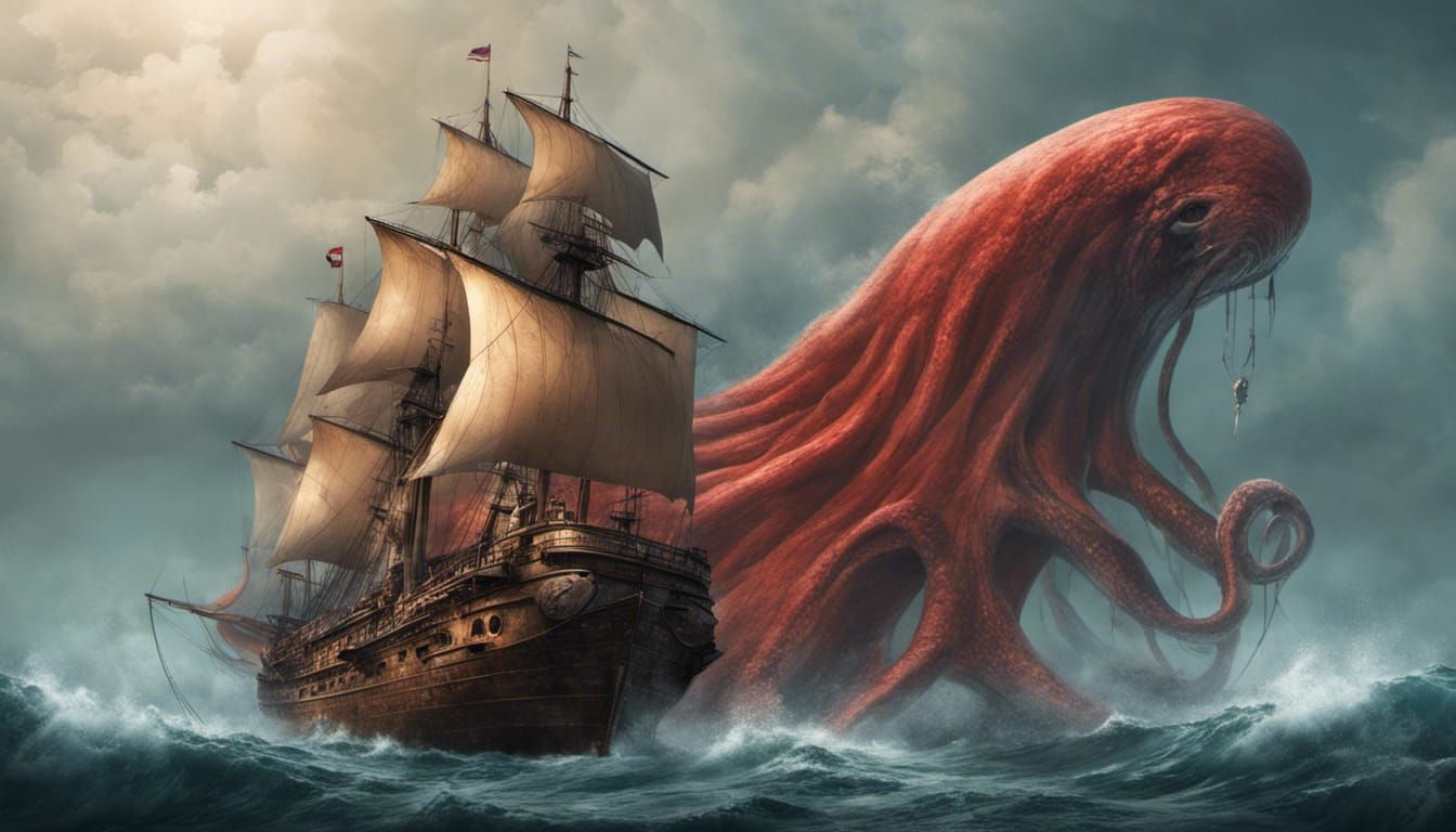 Red Sea Monster Attacks Ship: Dark Fantasy Art