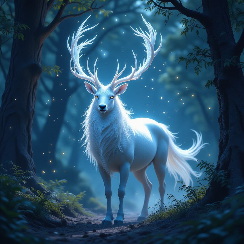 Ethereal White Stag in Enchanted Forest