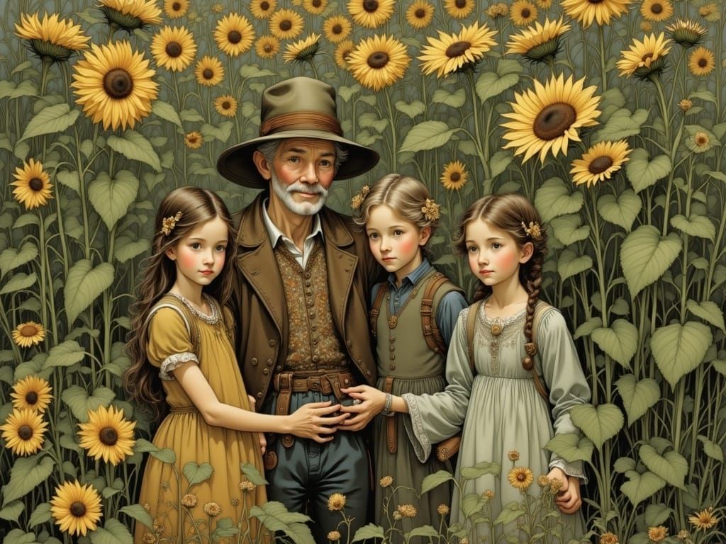 Joyful Gardener and Grandchildren Among Sunflowers