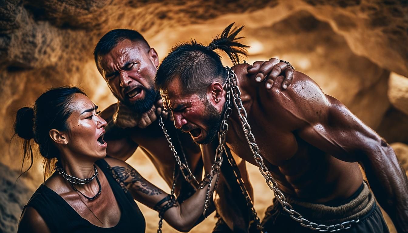 Neolithic Cave Fight: Woman Choking Man with Chain