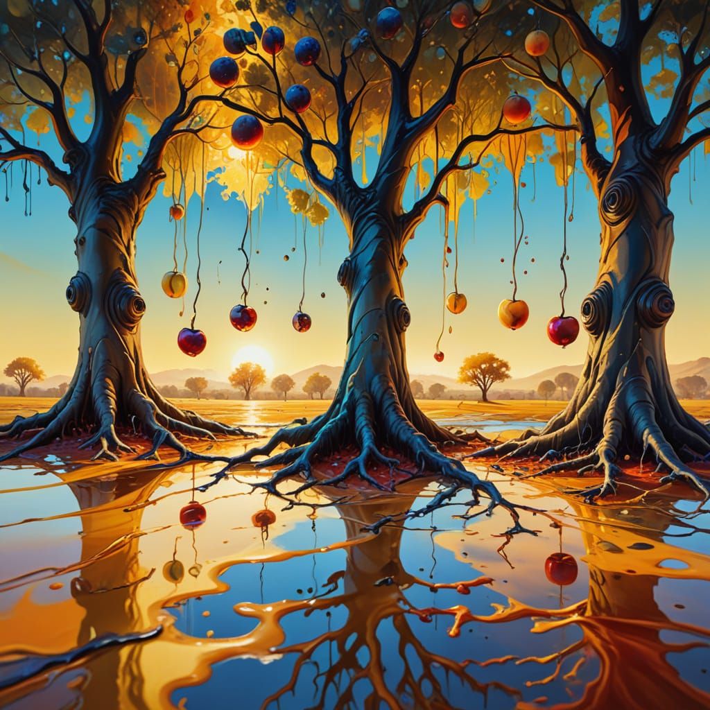 Surreal Trees with Strange Fruit, Oil Painting