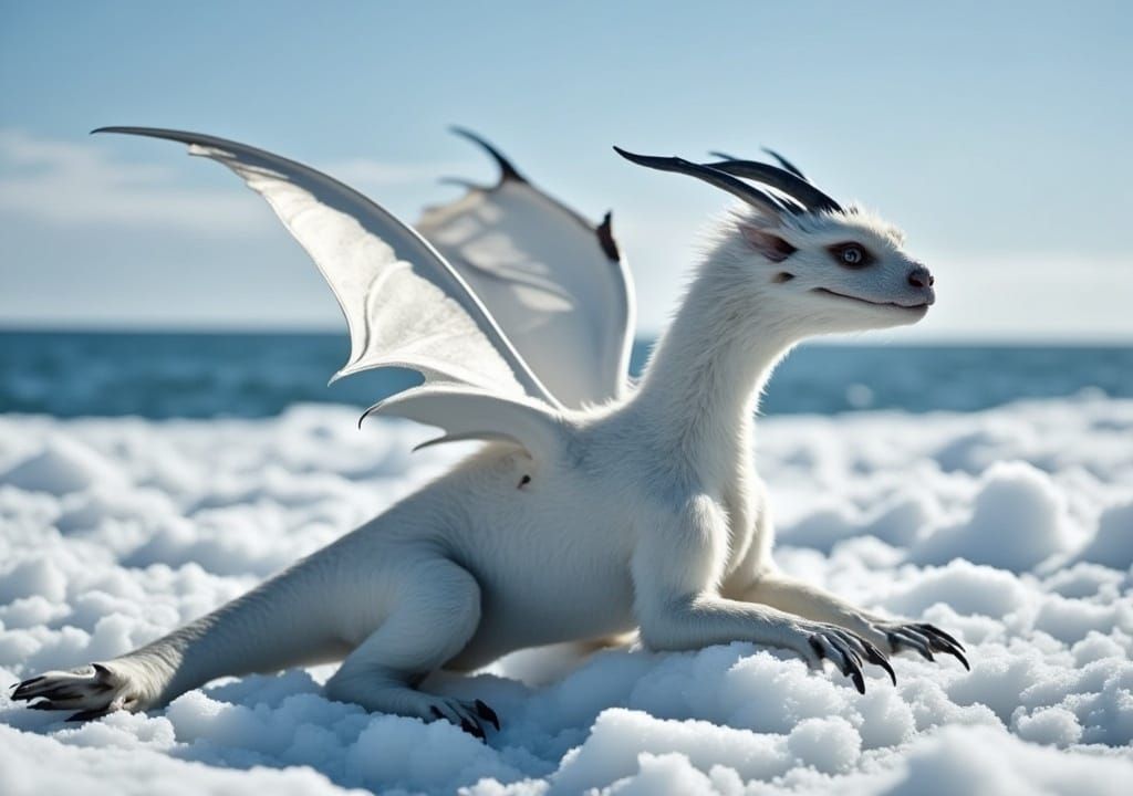 Young Polar Dragon on Ice Sheet: Detailed Digital Art