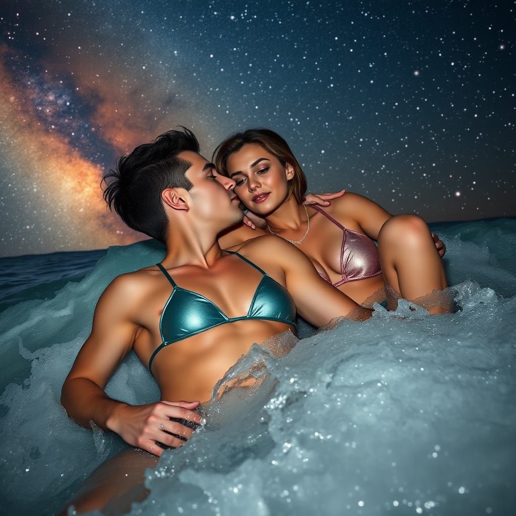 Attractive Couple Embracing in Shimmering Polar Lights