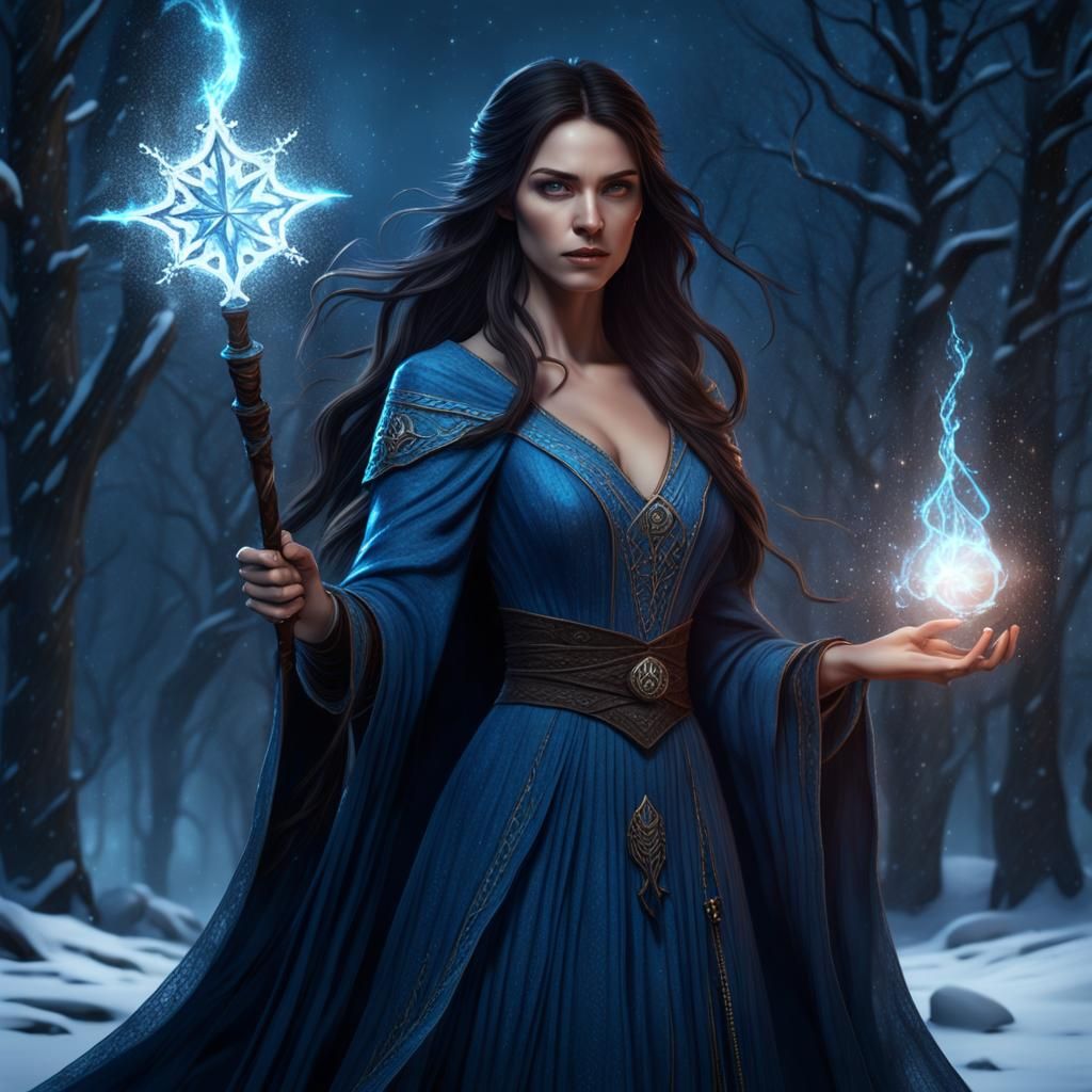 Snowstorm Sorceress with Magical Staff: Fantasy Art