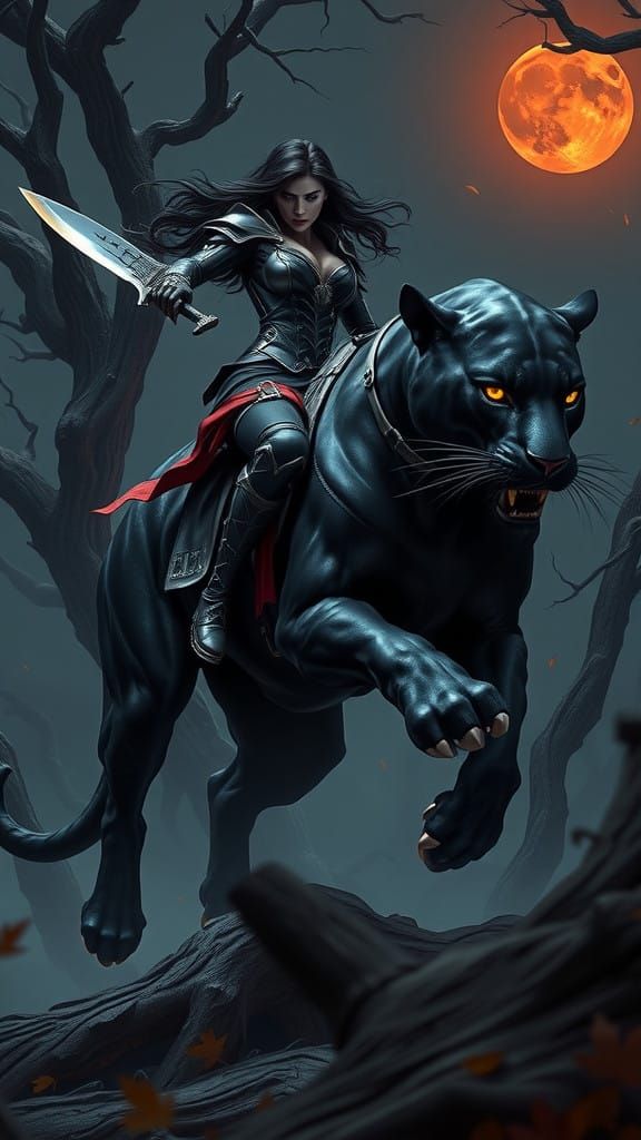 Mystical Female Rider and Panther in Dark Fantasy Setting