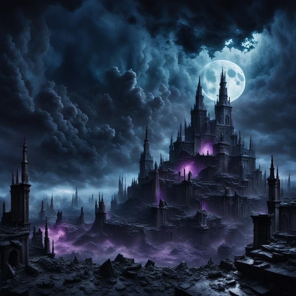 Black Moon Squall Over Ruined Cityscape in Dark Fantasy Styl...