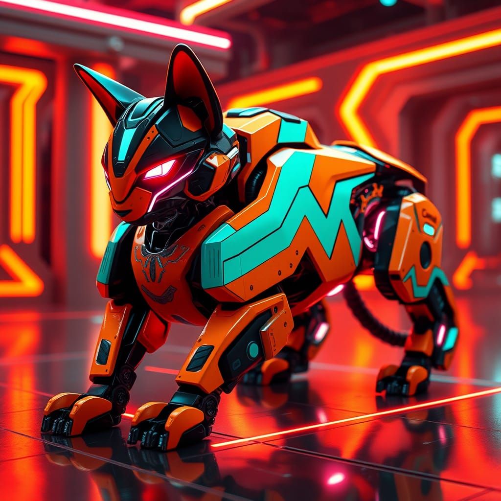 Cyberpunk Robot Cat in Neon Cityscape