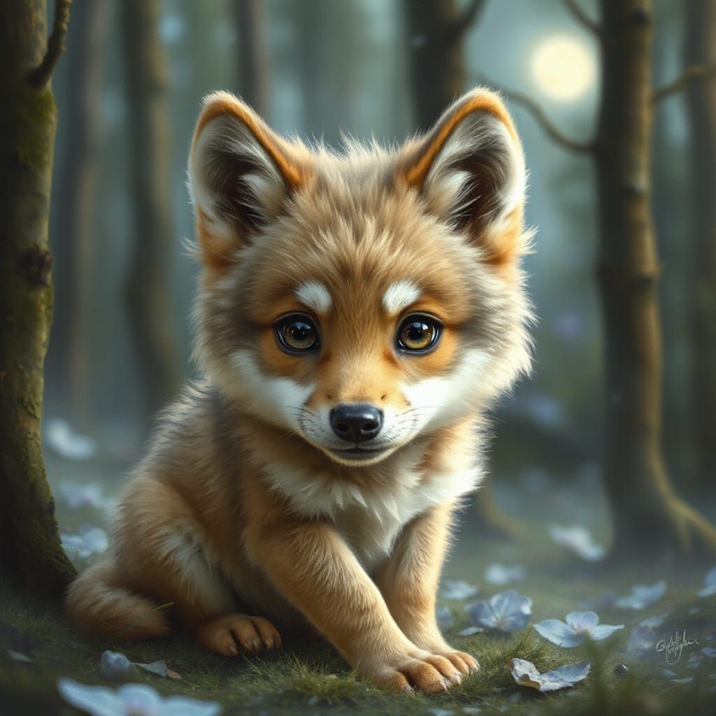 Moonlit Wolf Cub in Mystical Forest