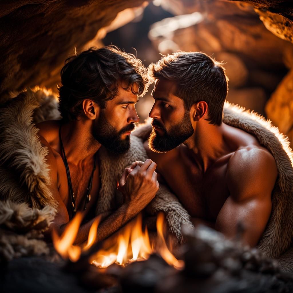Passionate Kiss in Prehistoric Cave: Professional Photograph...