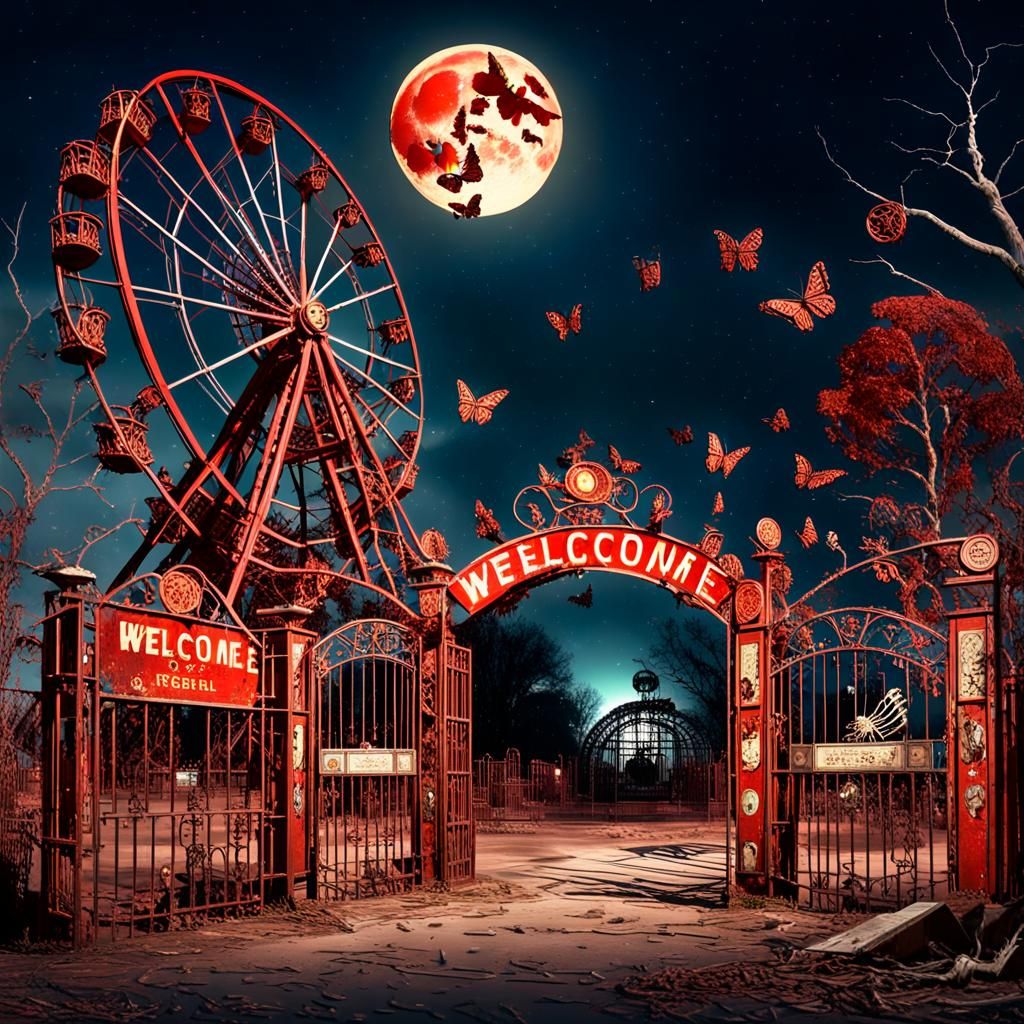 Butterfly Skeletons Dance Around Rusty Ferris Wheel