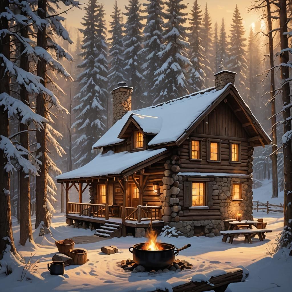 Cozy Log Cabin with Fireplace in Winter Landscape