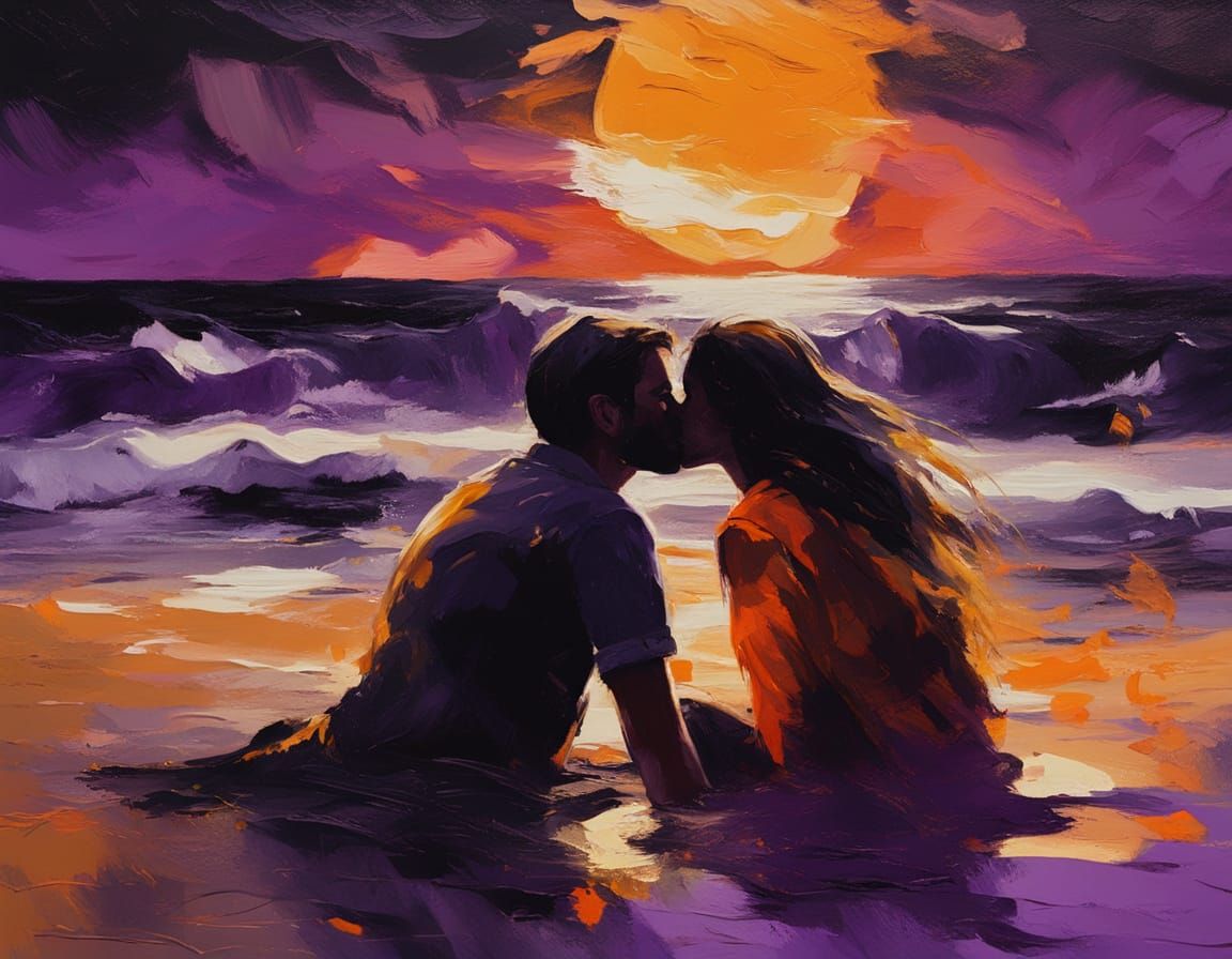 Romantic Couple Kissing on Dark Beach