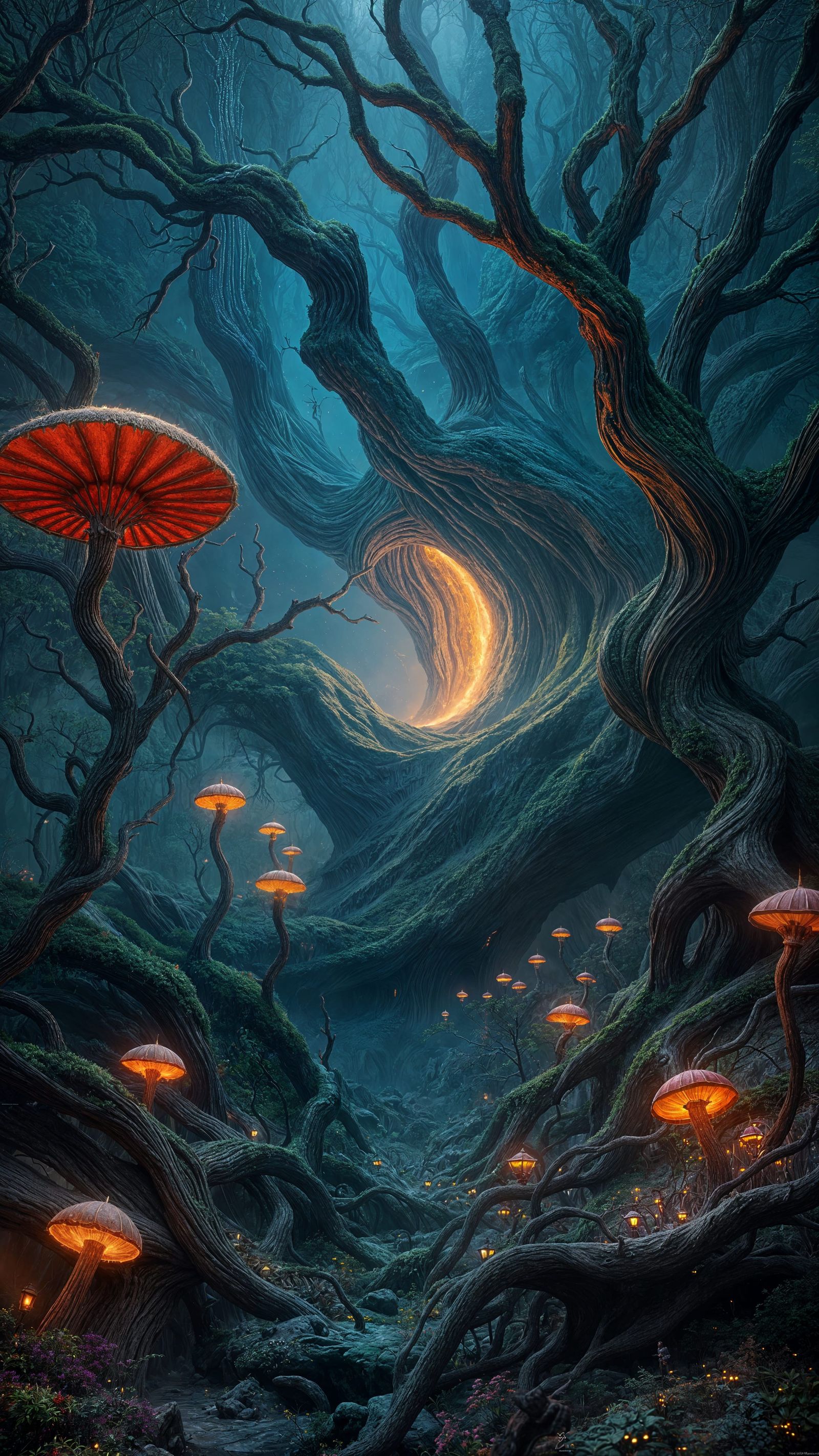 Surreal Landscape of Twisted Roots and Ethereal Glow