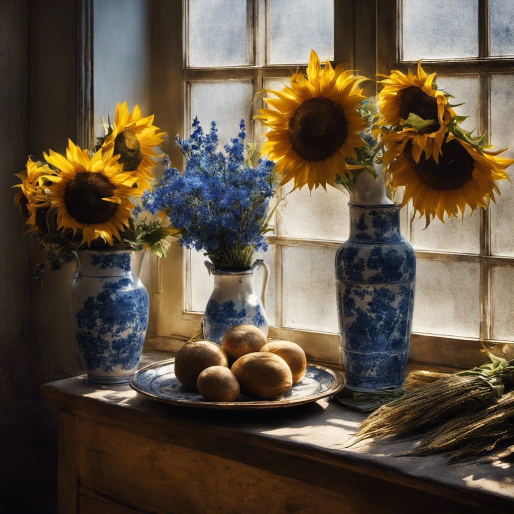 Sunflowers and Delft Blue Flowers Still Life