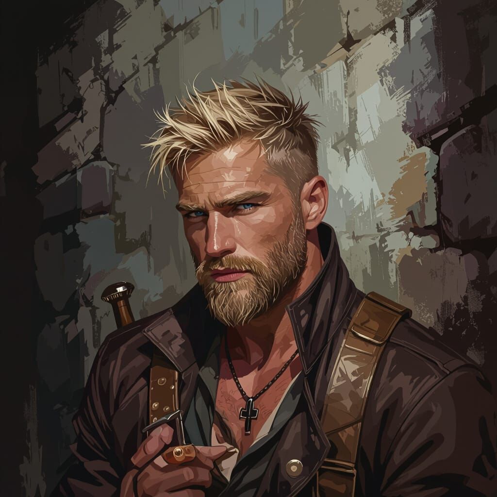 Rugged Man in Medieval Alleyway: Pastel Art