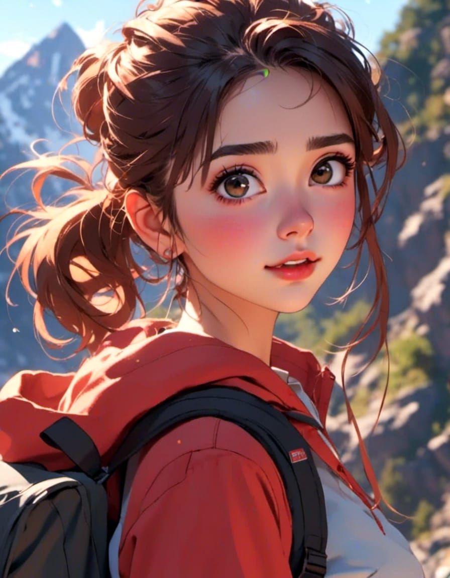 Anime Woman Backpacker with Curious Expression