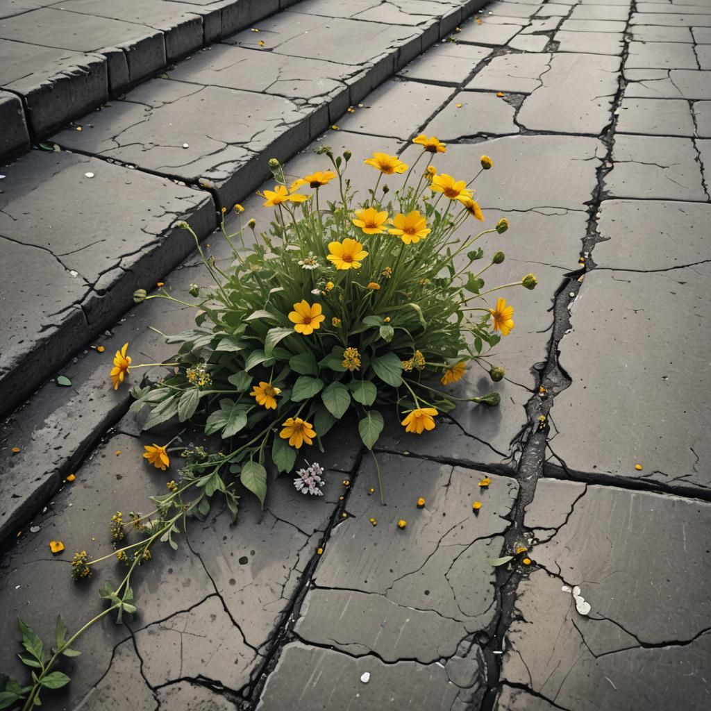 Wildflowers in City Crack: Hyperdetailed Charcoal Drawing
