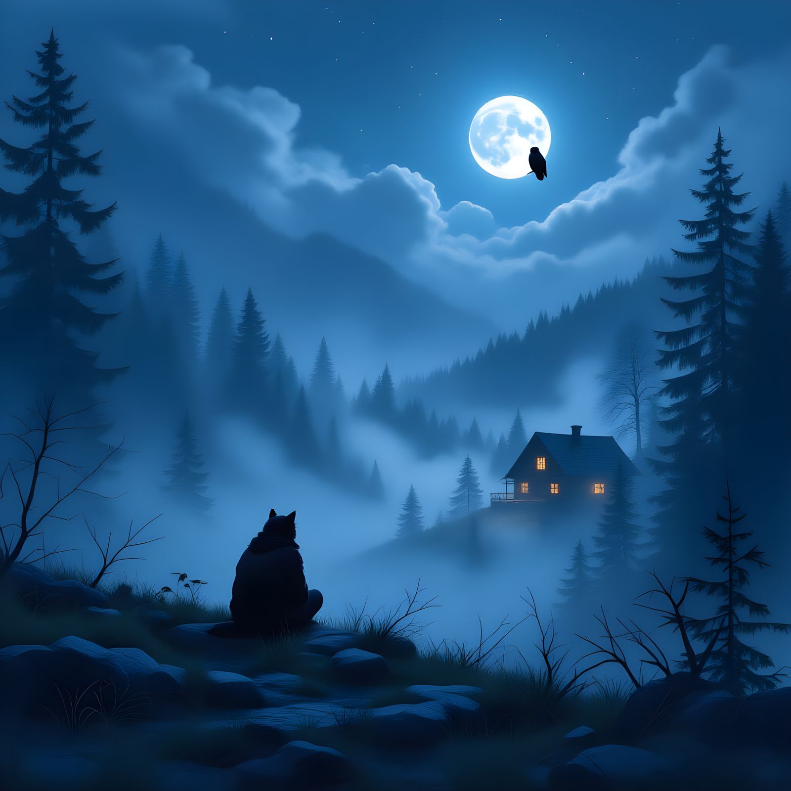 Moonlit Cabin in Foggy Woods with Owl: Hyperrealistic Art