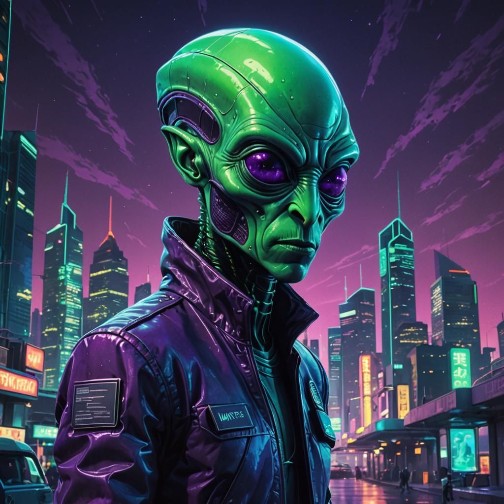 Futuristic Wanted Poster: Space Alien in Neon City