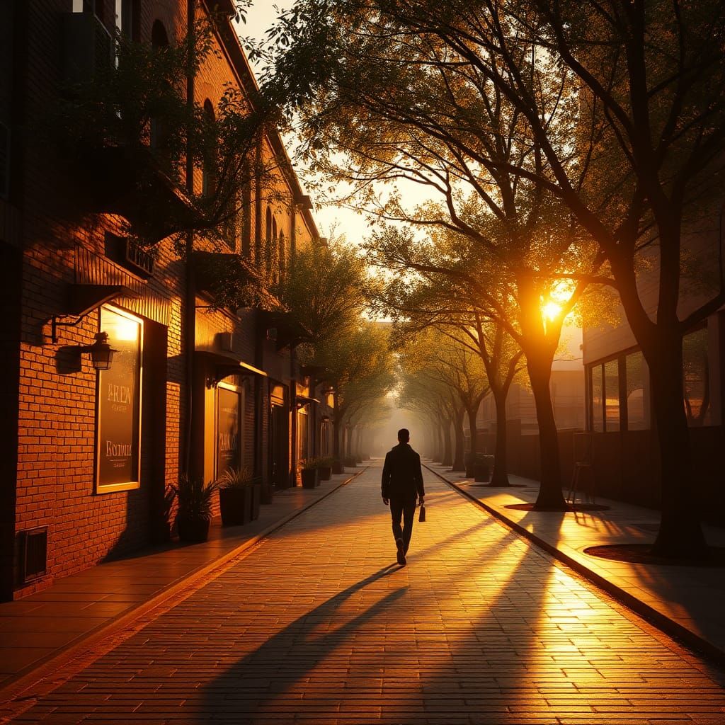 Serene Sunset Street Scene in Photorealistic Style