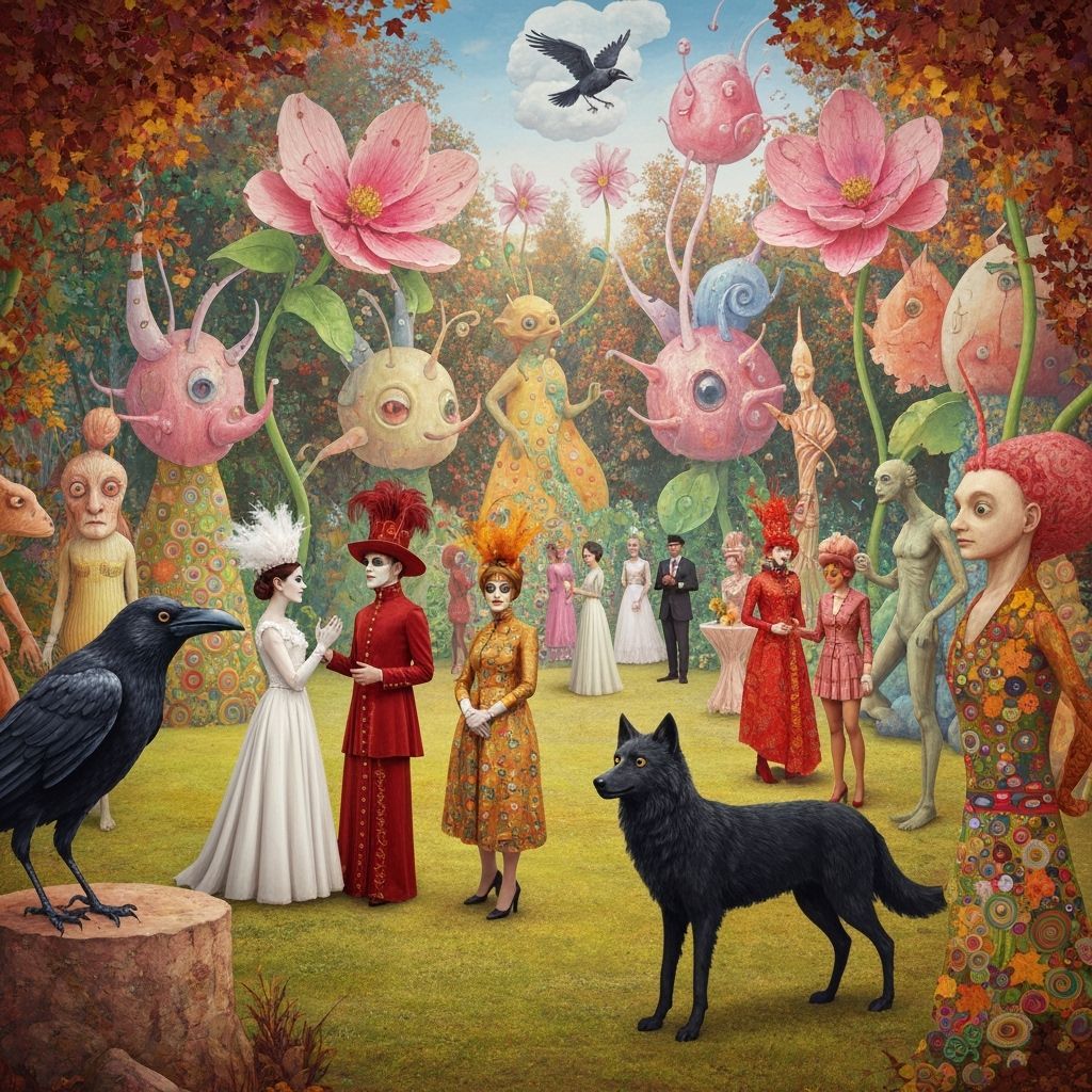 Surreal Garden Party with Raven and Wolf, Autumn Collage