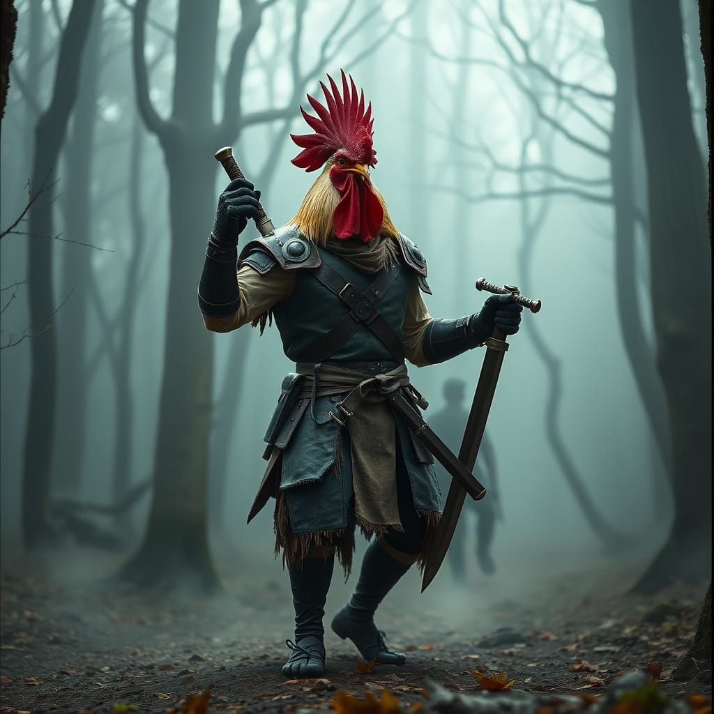 Rooster Warrior in Mystical Forest, Cinematic Film Still
