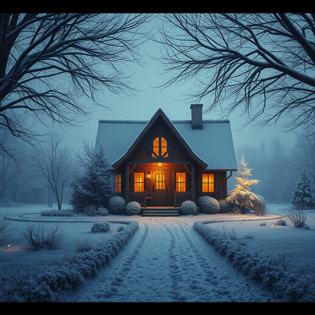 Snowy Cottage in Winter Landscape: Digital Concept Art