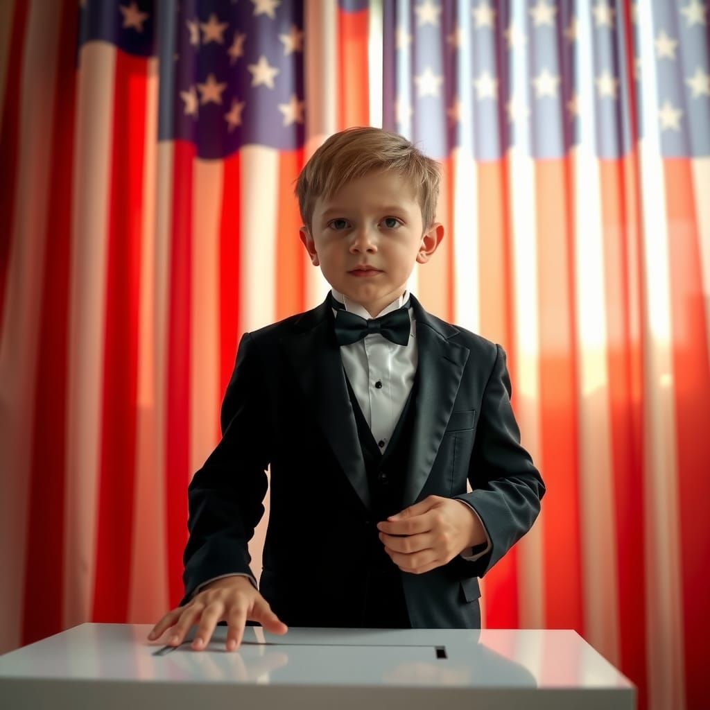 Child in Tuxedo Voting with American Flag Backdrop