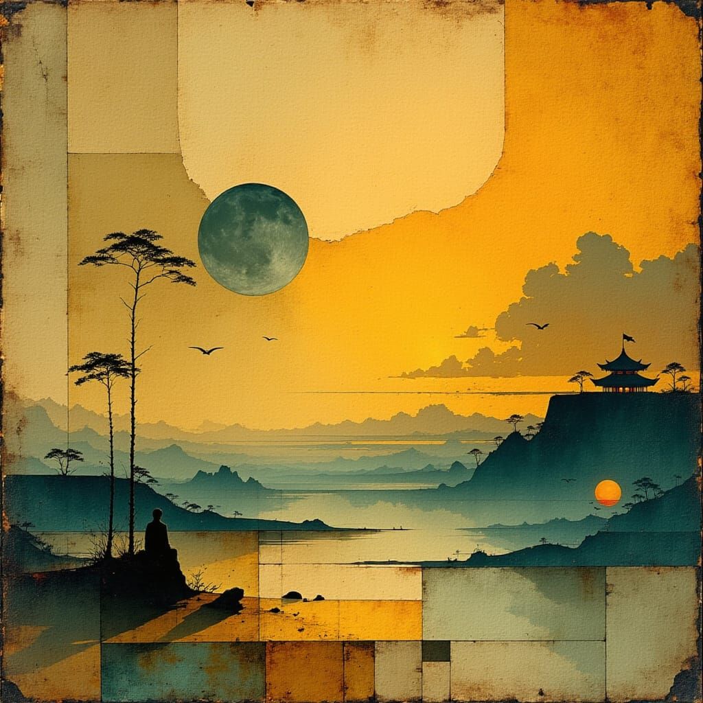 Ethereal Sunset Seascape in Distressed Vintage Style