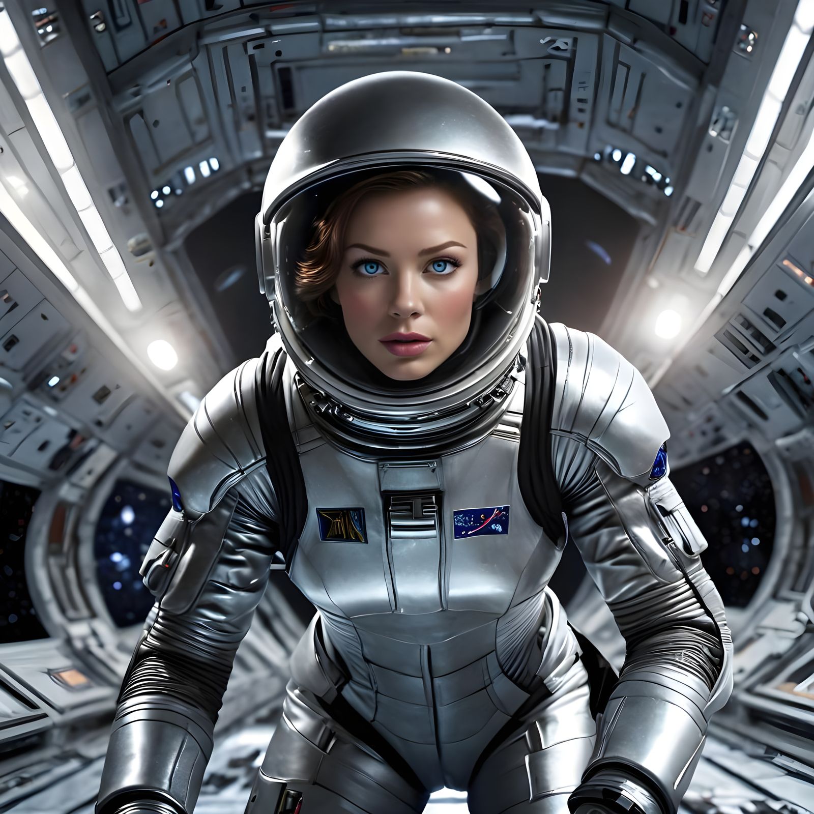 Actress in Glamorous Space Suit Exploring Deep Space