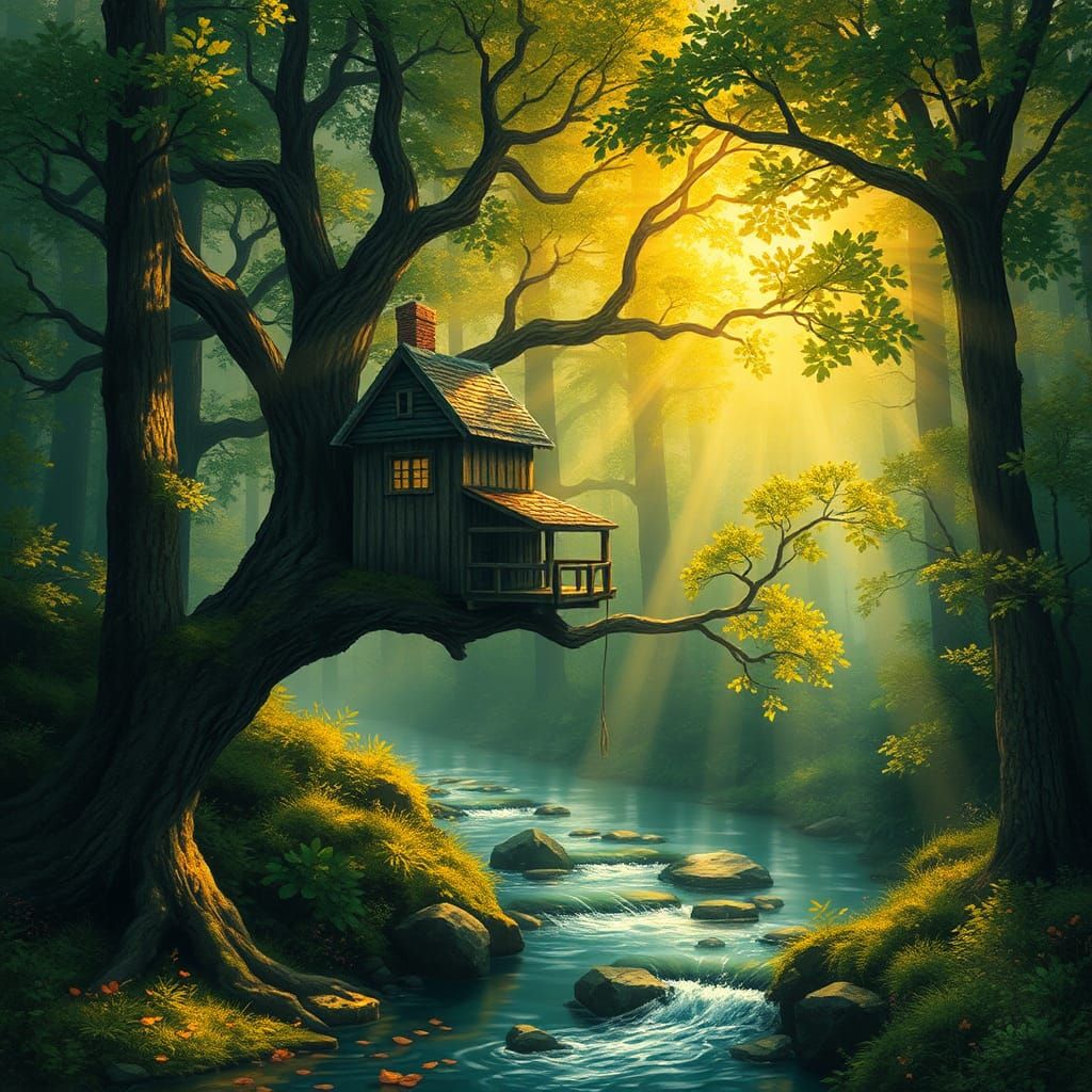 Elven Forest Treehouse in Golden Light