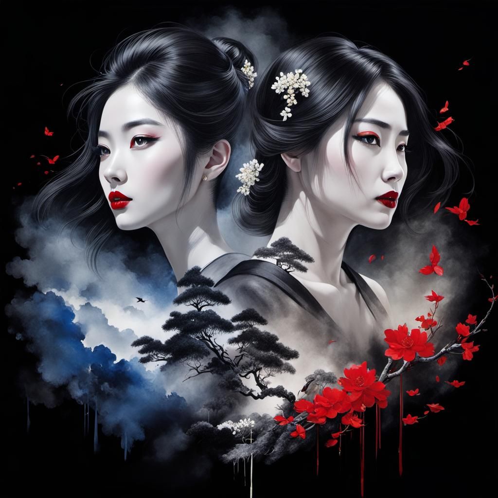 Image: double exposure. Now with 2 pretty Chinese women.