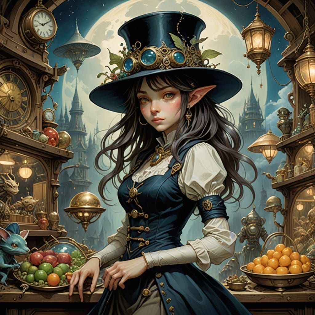 Steampunk Showgirl in Alien Market, Ghibli Style