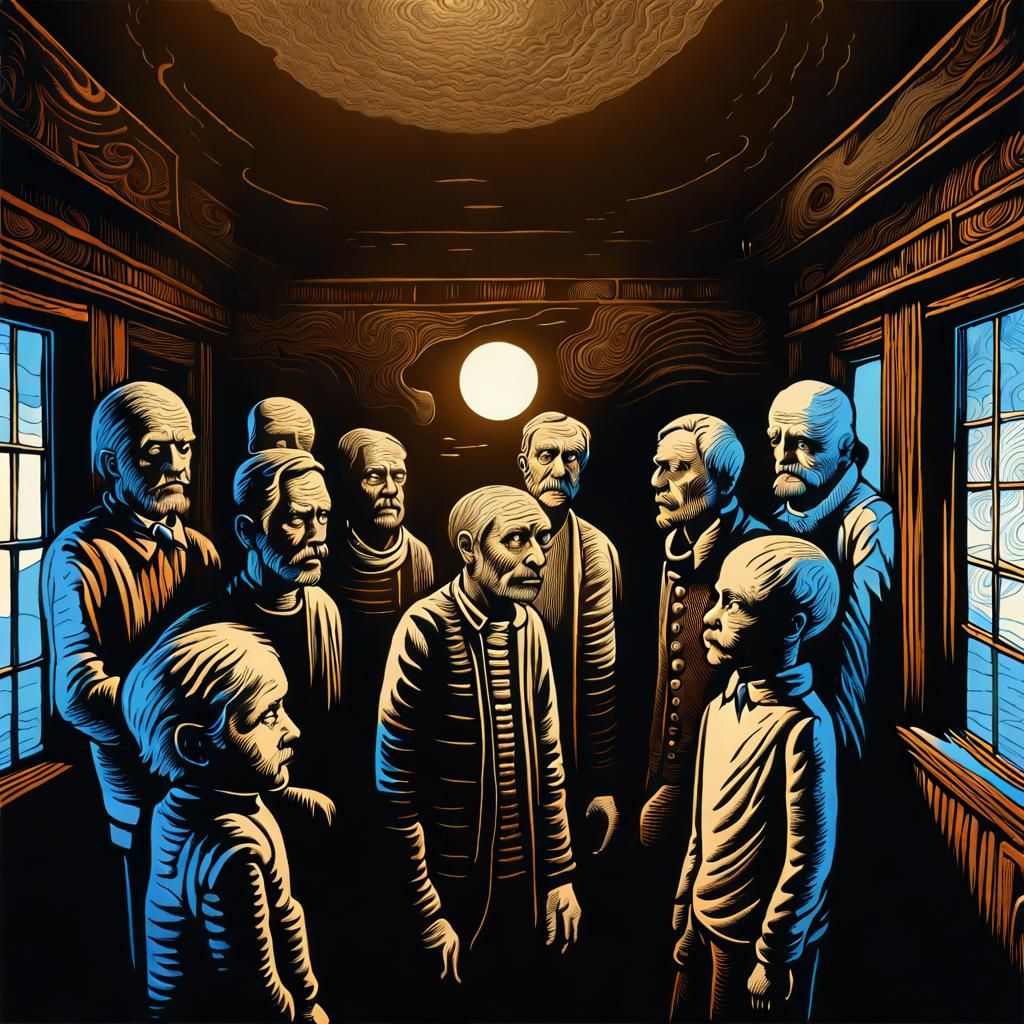 Disturbing Woodcut Print of Strangers in a Room