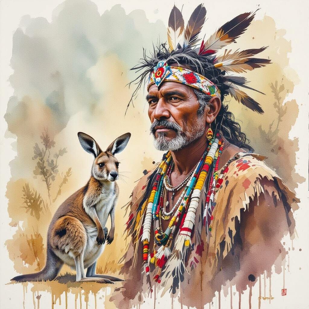 Aboriginal Man and Kangaroo in Watercolour Painting