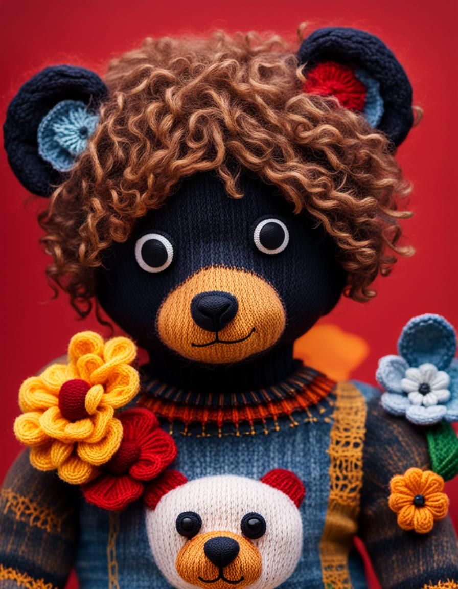 Sad Knitted Teddy Bear Portrait at Sunset